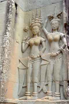 Stone carving of classical Khmer construction at Angkor Wat