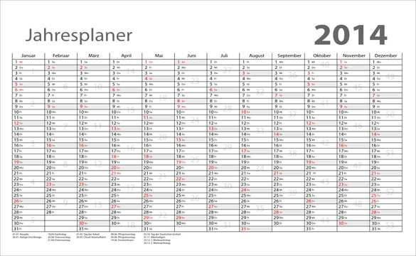 Jahresplaner 2014; Kalenderwochen gross