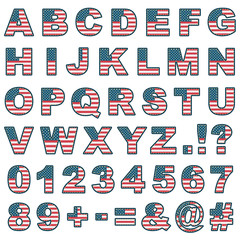 USA stars and stripes embroidery style alphabet vector clipart stitched american flag isolated on white