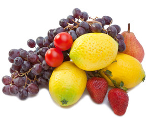 Still life of grape,lemons,pears,strawberry on white background