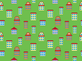 seamless pattern with color buildings over green