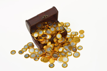 Treasury trunk with chocolate candy euro coins
