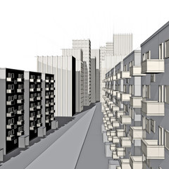 drawing of a residential street near big city