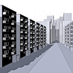 drawing of a apartment houses in the city