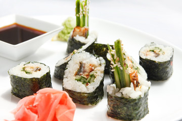 sushi with soy sauce