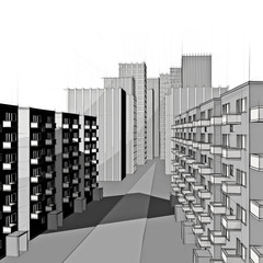 sketch of urban residential street in front of skyscraper