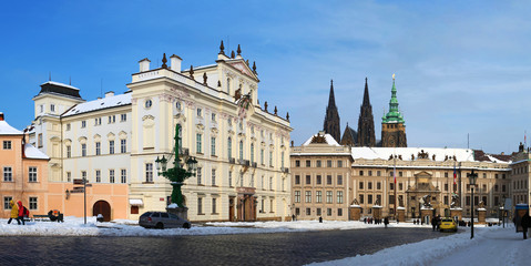 Fototapeta na wymiar Panorama of Prague Castle and Archbishop's palace in winter