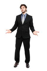Approachable young business man with open arms isolated
