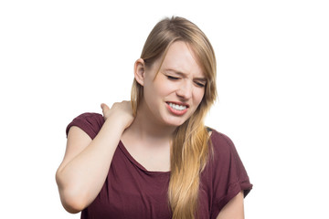 Fototapeta premium Junge blonde Frau hat Nackenschmerzen