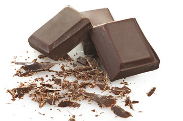 close up of chocolate pieces on white background