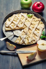 Chopping fruits and baked apple pie