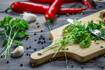 Fresh herbs on a chopping board