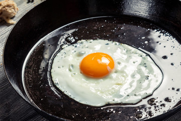 Closeup of fried egg on a pan