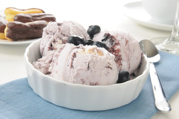 Blueberry ice cream and chocolate eclairs