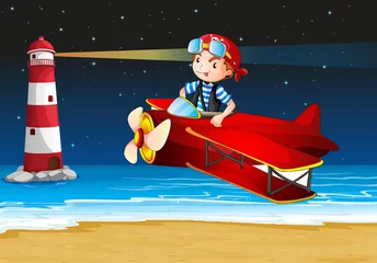 Vlies Fototapete Flugzeuge, Ballon Ein Flugzeug am Strand mit einem Leuchtturm