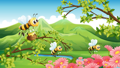 A view of the mountain with flowers and bees