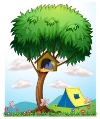 Foto auf Glas Ein Tierhaus über einem Baum in der Nähe des Zeltes © GraphicsRF