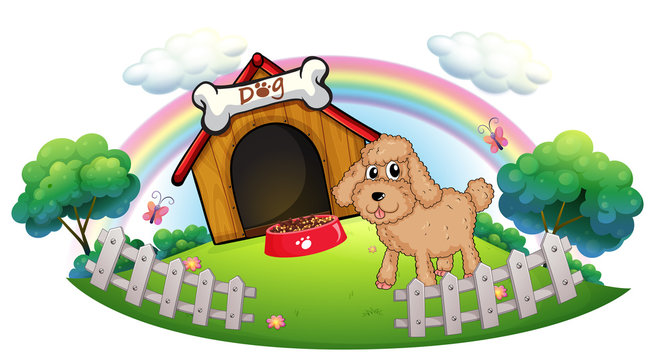 A puppy near a wooden doghouse with bone