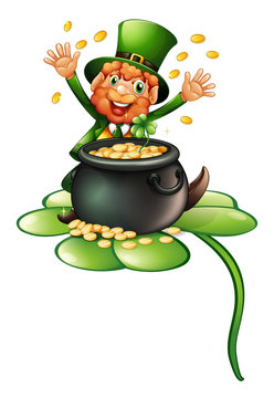 An old man in a green attire with a pot of coins