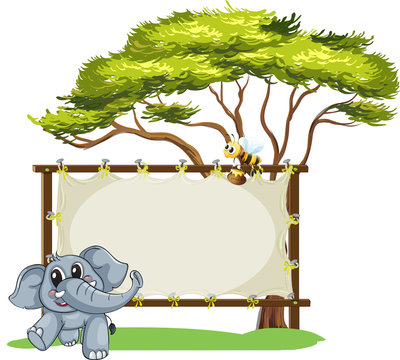 A signage with a young gray elephant and a bee