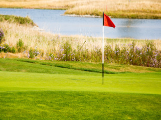Golf course flag in green