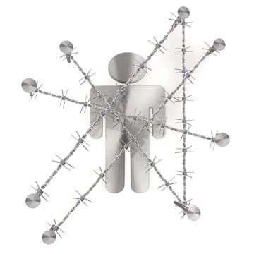 Metal chained forbidden man symbol with razor wire
