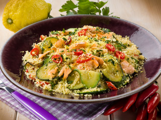 couscous with fresh salmon zucchinis and hot chili pepper