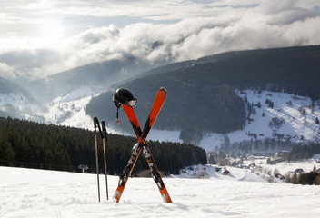 Pair of cross skis in snow, High Mountains