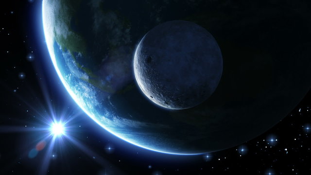 Earth, moon and sun. Blue light. HD 1080.