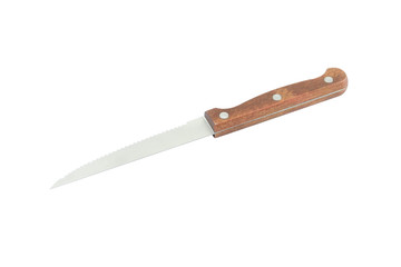 Kitchen knife blade jag from tail on white background.