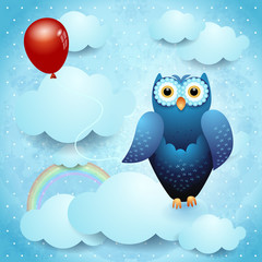 Owl and balloon, fantasy illustration