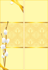 Pussy willow branch on the decorative background. Festive card