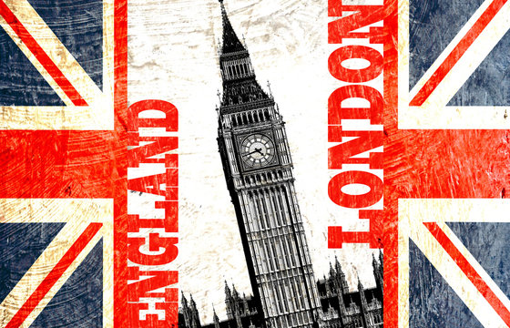 drapeau anglais coupé avec écrit london england et big ben