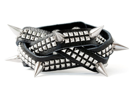 Black leather bracelet with chrome studs