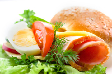 Fototapeta na wymiar sandwich with ham,cheese, fresh vegetables and egg