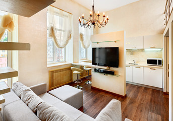 Modern minimalism style living-room interior with lcd TV in past