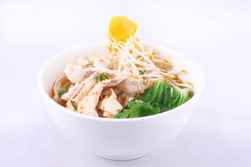 Chicken clear noodle soup with wonton.
