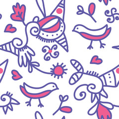 Seamless ethnic pattern with birds and abstract objects