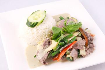 Beef green curry with rice, Thai food.