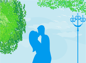 Couple kissing at sunset on the park, background vector illustra