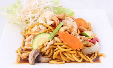 Hokkien noodles stir fried with chili jam and cashew nuts, Thai