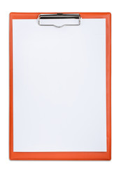Red plastic clipboard with blank paper sheet