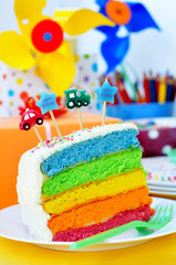 Slice of a birthday rainbow cake for kids party
