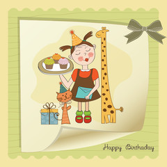 Happy Birthday card with funny girl, animals and cupcakes
