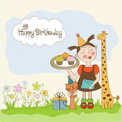 Happy Birthday card with funny girl, animals and cupcakes