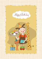 Happy Birthday card with funny girl, animals and cupcakes