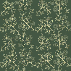 Seamless floral and berries pattern on green background