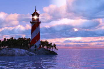Dramatic sunset with lighthouse on island in sea