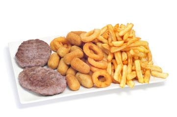 spanish combo platter with burgers, croquettes, calamares and fr