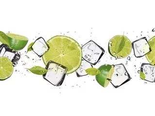 Door stickers In the ice  Limes with ice cubes, isolated on white background